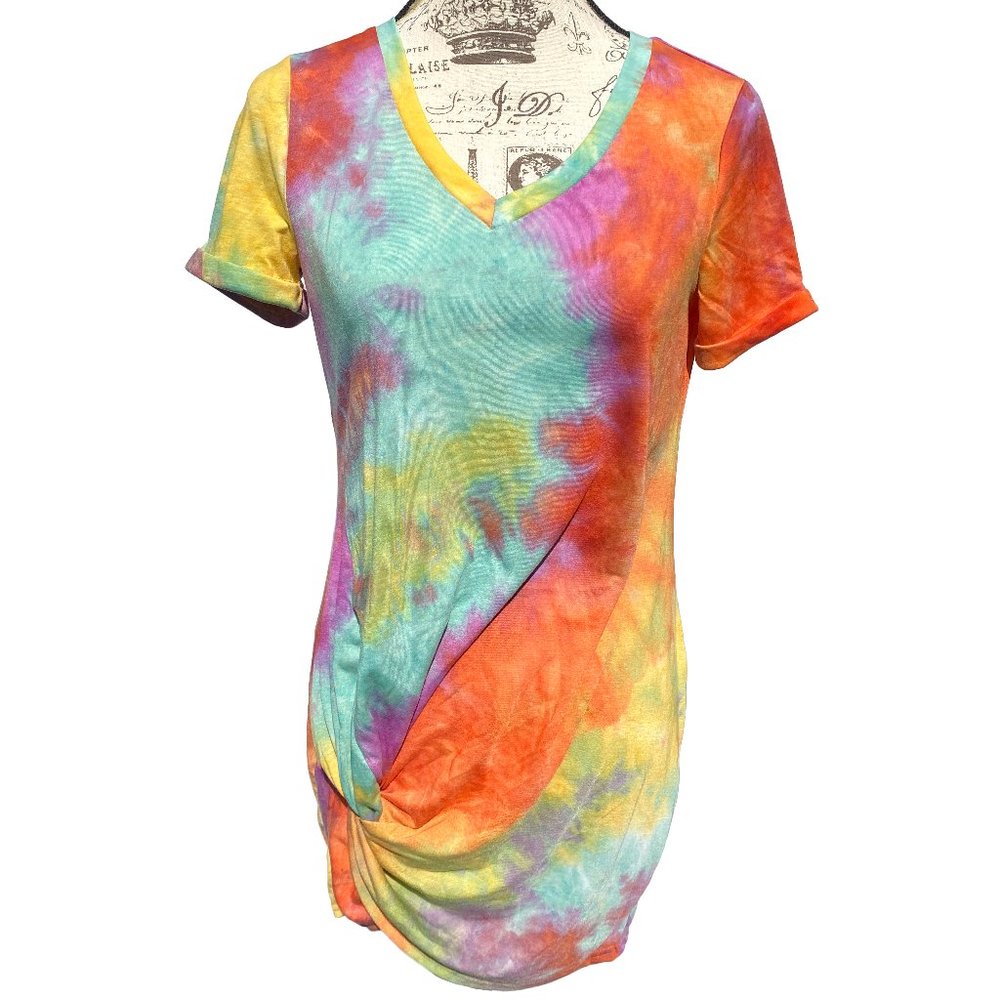 ♛4/$20♛ NWOT Rainbow Tie Dye V-Neck Mini Dress Summer T-Shirt Sundress M